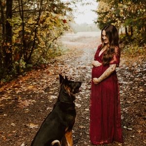 Burgundy lace mesh overlay maternity dress